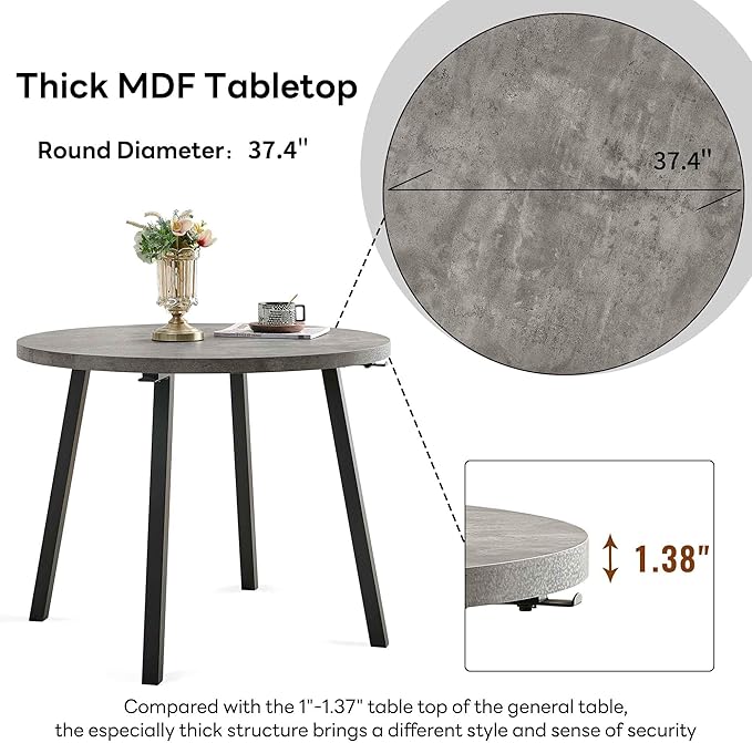 Kitchen Table and Chairs Set for 4, 37" Grey Round Dining Table with Hooks, Solid MDF Faux Wood Tabletop, Grey Velvet Dining Chairs Upholstered Side Chair with Back