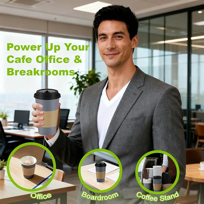 100 Pack 16 oz Disposable Coffee Cups with Lids and Sleeves, To Go Coffee Cups with Lids, Leak-Proof Hot Coffee Cups, PLA Gray Paper Coffee Cups for Hot Beverage