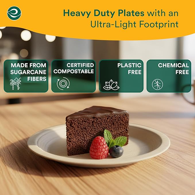 ECO SOUL 6 Inch Compostable Disposable Paper Plates [200 Pack] Food Safe 100% Virgin Bagasse Pulp Heavy Duty Biodegradable Microwave Safe Small Round Dessert Plate for Party, Picnic & BBQ (Brown)
