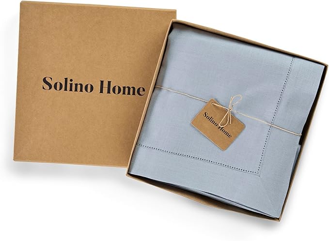 Solino Home Dusty Blue Linen Tablecloth 60 x 132 Inch - 100% Pure Linen Hemstitch Table Cloth for Rectangle Tables - Classic Hemstitch, Machine Washable Tablecloth for Winter, Spring, Easter