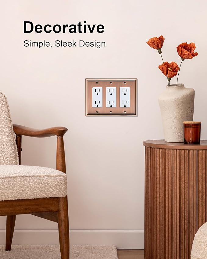 2-Pack Decorative Tripple Decorator Outlet Cover Plate, Durable Zinc Alloy Antique Copper Wall Plates for Electrical Outlet, Receptacle, GFCI Outlet, Dimmer Switch, 3-Gang Corrosion Resistant