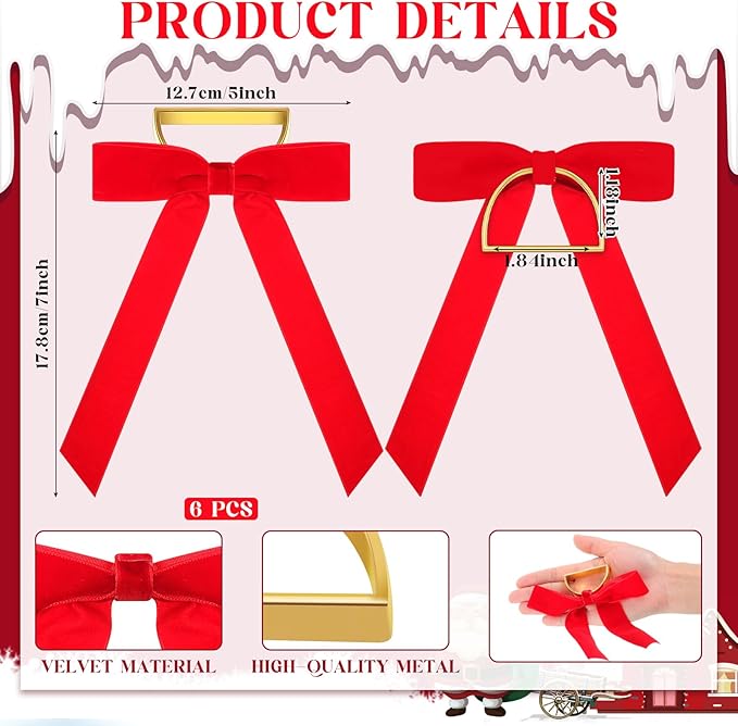 Riceshoot Velvet Bow Napkin Rings Bows with Gold Semicircle Metal Napkin Ring Velvet Bow Holder for Wine Bottles Table Settings Candlestick Wedding Valentine's Day Dinner(Red,6 Pcs)