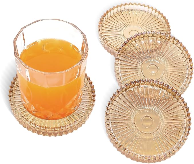 Round Modern Clear Coasters Set of 4, VIBRATITE 4 Inch Glass Cup Coaster Modern Crystal Coasters for Drinks Coffee Office Bar Kitchen Home Wedding Party Decor (Amber)