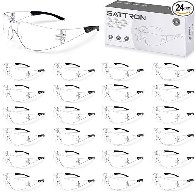 Clear Safety Glasses 24PK, Protective Eyewear Polycarbonate Lens with Rubber Temples ANSI Z87.1 Anti-Scratch Impact Resistant Eye Protection for Work, Lab, Construction Clear Lens/Black Frame