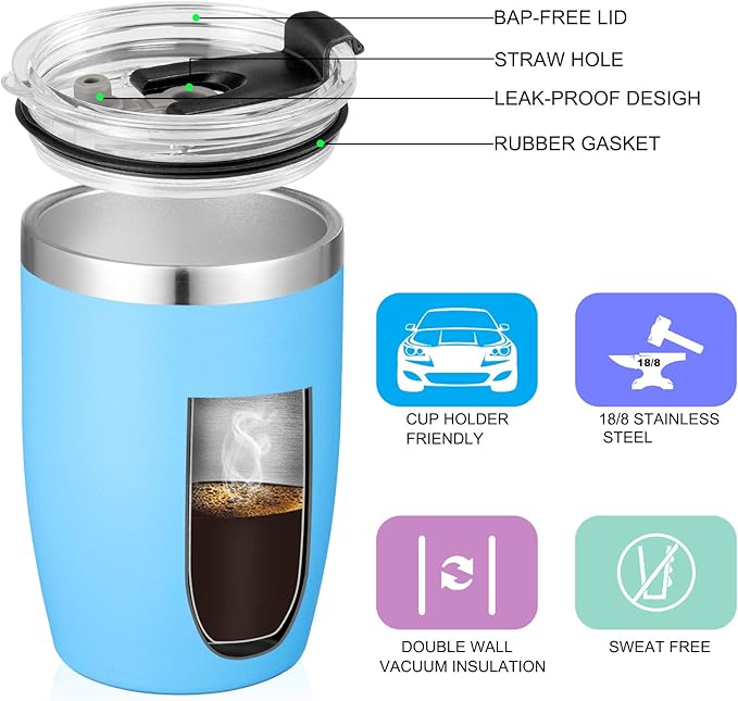 VEGOND Stainless Steel 12 oz Tumblers bulk Vacuum Insulated Double Wall Travel Tumbler with Lid and Straw Reusable Tumbler,Sky Blue 6 pack
