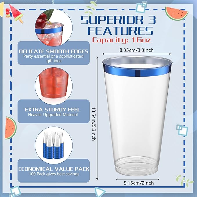 Patelai 100 Pcs 16oz Plastic Cups Disposable Rimmed Cups Heavy Duty Drinking Wine Glasses for Christmas Winter Birthday Beer Taste Serving Snack Sample Tastings Barbecues Picnic(Blue)