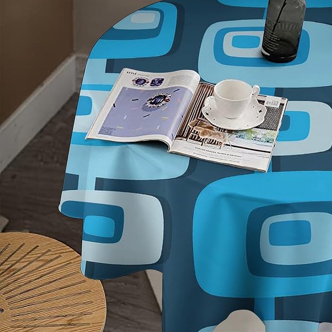Mid Century Boho Round Tablecloth, Blue Mid Century Modern Art Abstract Geometric Pattern Retro Vintage Style Tablecloth for Home Party Dining Room Kitchen Decor 36Inch(90cm)