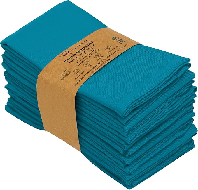 Ruvanti Cloth Napkins Set of 12, 18x18 Inches Napkins Cloth Washable, Soft, Durable, Absorbent, Cotton Blend. Table Dinner Napkins Cloth for Hotel, Lunch, Restaurant, Weddings, Events, Parties - Teal