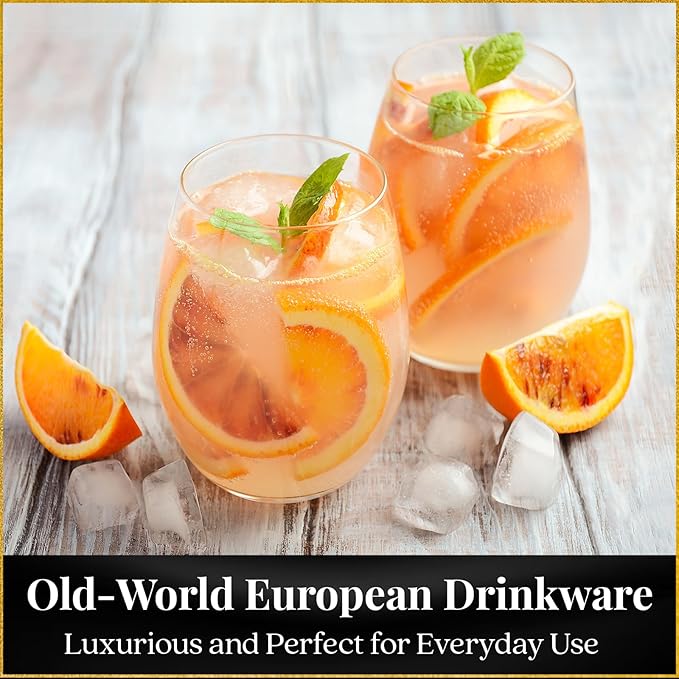 Set of 8 European-Made Stemless Wine Glasses | Named New York Times Best Stemless Glass of 2017 | 17 FL Oz. | 100% Lead-Free Crystal | Thin | Dishwasher-Safe | Gift Idea | Perfect for Everyday Use