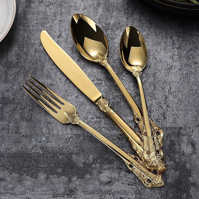Gold Silverware Set for 10 Durable 18/10 Stainless Steel Flatware Set Palace Style Modern Cutlery Utensils Set 40 Piece Include Knives Forks and Spoons Tableware Set for Home Kitchen Restaurant