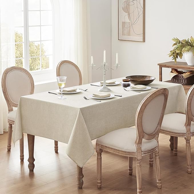 Softalker Large Beige Tablecloths Rectangular 144 x 60 inch Linen Textured Table Cloth Outdoor Waterproof, Stain and Wrinkle Resistant, Table Cloths for 6/8/10 Foot Rectangle Tables Decor for Spring