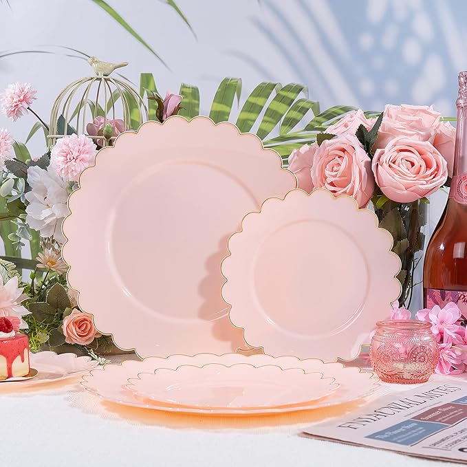 LIYH 120 Pcs Pink Plastic Plates Disposable - Pink Disposable Plastic Plates Set for Party Includes 60 Dinner Plate 10.25" & 60 Dessert Plate 7.5" Elegant Gold Rim for Party Birthday