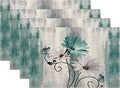 Floral Placemats Set of 4, 12x18 Inch Teal Blue Daisy Flower Table Mats Rectangle Vintage Flowers Holiday Decorative Table Placemats for Party Home Kitchen Dining Table Decoration
