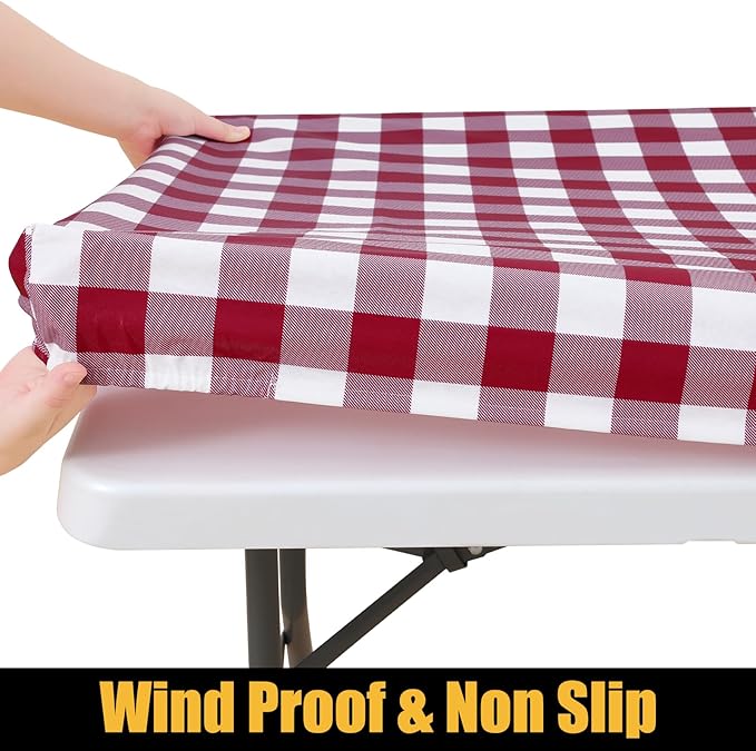 Smiry Rectangle Picnic Table Cloth, Elastic Waterproof Fitted Vinyl Tablecloths, Flannel Backed Buffalo Plaid Table Covers for Dining, Camping, Outdoor (Burgundy and White, 30" x 72")