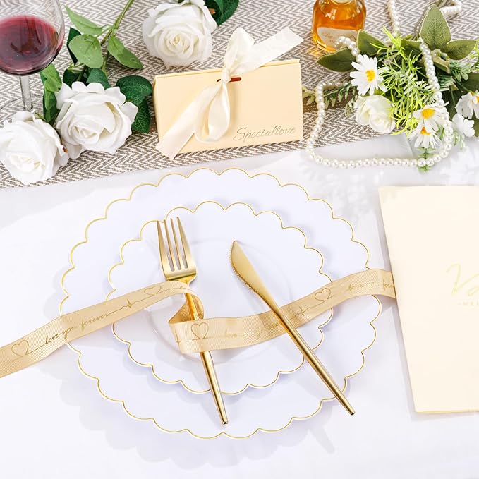 LIYH 60 Pcs Gold White Plastic Plates Scalloped Plastic Holiday Plates Disposable Gold Combo Plate Includes 30 Dessert & 30 Dinner Plate Dishes for Valentine's Day and Mother's Day