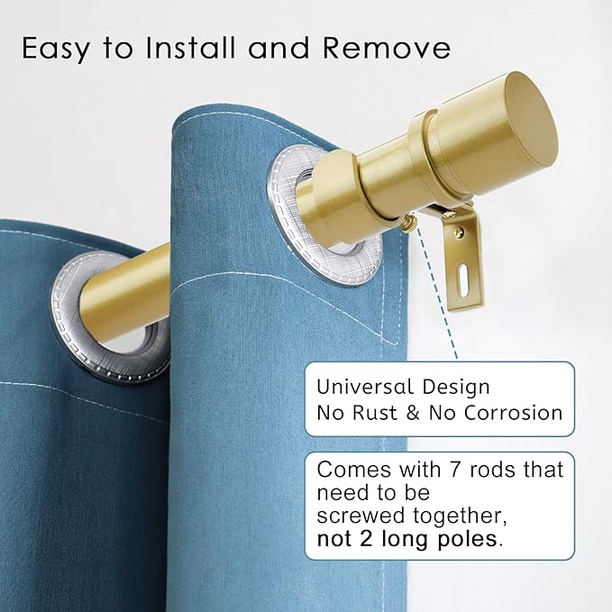 Curtain Rods for Windows 16 to 120 Inches Adjustable Length 1 Inch Diameter Window Curtain Rod with Aluminium Finials, Flash Gold