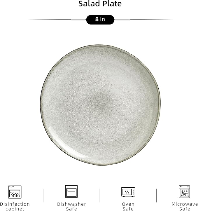 Organic Shape Highland Ceramic Salad plates, 6pcs 8 Inch Handmade Reactive Glaze Dinnerware Sets with Wavy Edge, for Kitchen, Microwave & Dishwasher Safe, Scratch Resistant-grey