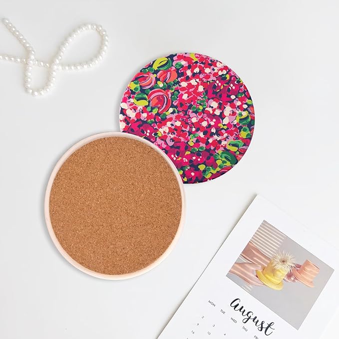 KAMMAK Boho Style Coasters Set of 6 with Cork Base,4in Absorbent Ceramics Art Coaster, Drink Coasters Round Ceramic Table Coasters Set for Decorative, Coffee Cup, Beverage, Wine, Beer, Bar