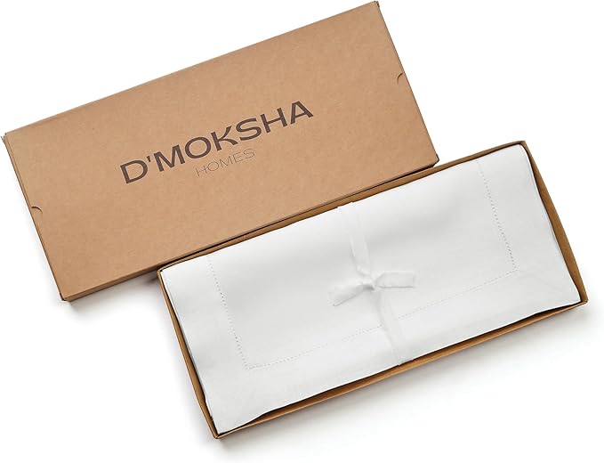 D'Moksha Homes Linen White Table Runner 90 Inches Long - Classic Hemstitch 100% Pure Linen White Dining Table Runner 14 x 90 Inch for Valentines, Spring, Easter