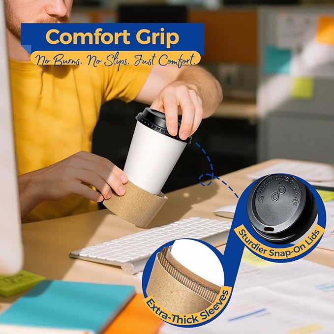 Fit Meal Prep 100 Pack 8 oz Disposable Coffee Cups with Lids, Sleeves, Leak-Proof To Go Coffee Cups with Lids, Durable Paper Cups for Hot Beverage, Home, Office, Party