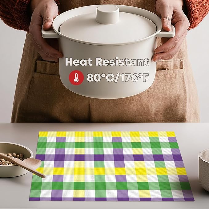 Artoid Mode Buffalo Plaid Vinyl Placemats Set of 4, 12x18 Inch Washable Non-Slip Heat Resistant Plastic Place Mats for Party Dining Table, Purple/Yellow