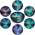 Northern Lights Coasters for Drinks with Holder Round Leather Coasters Set of 6 Cups Mugs Mat Pad for Home Kitchen Bar