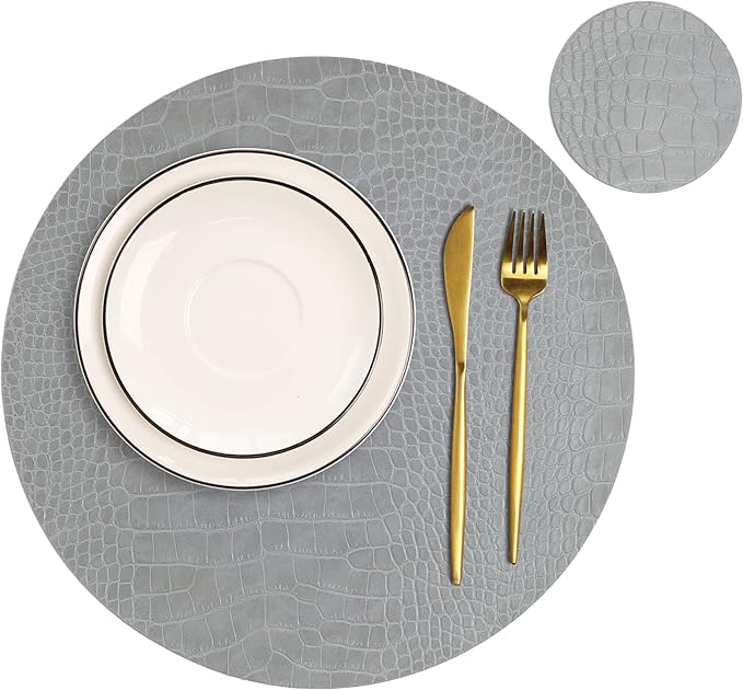 Round Leather Placemats for Round Tables Set of 6, Gray Table Place Mats and Coasters, Washable Easy to Care for Indoor Decor 13" Diameter