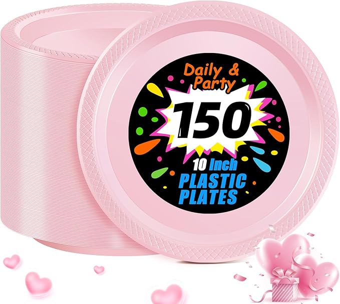 WELLIFE Pink Plastic Plates 10 Inch -150 Count for Party, Disposable Plastic Party Plates for Valentine's Day Easter Mother's Day Baby Shower Dinner Dessert Cake Light Pink