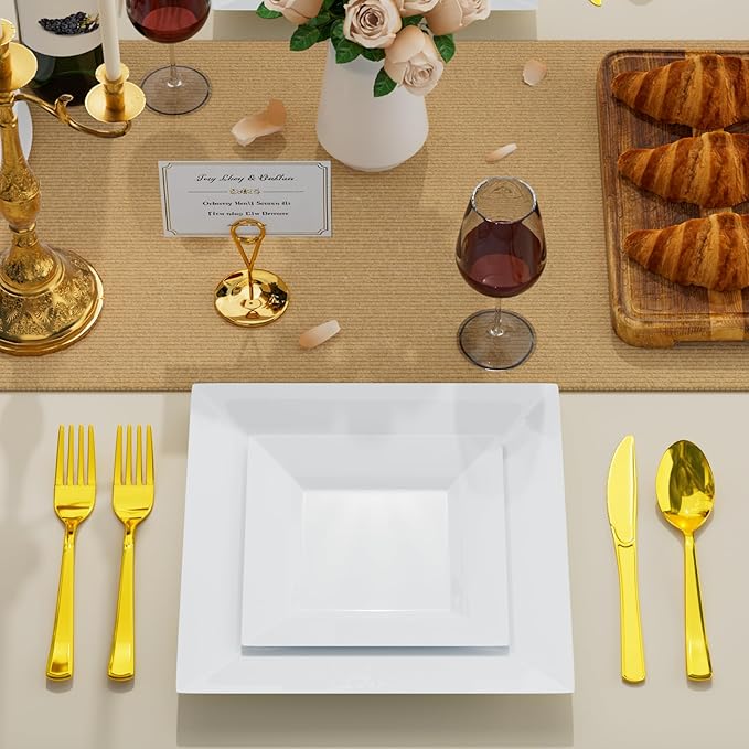 Goodluck 100 Pack Square Plastic Plates, Heavy Duty 50 Dinner Plates 9.5" and 50 Dessert Plates 6.5", Fancy Disposable Plates for Wedding, Holiday Party, Birthday, White