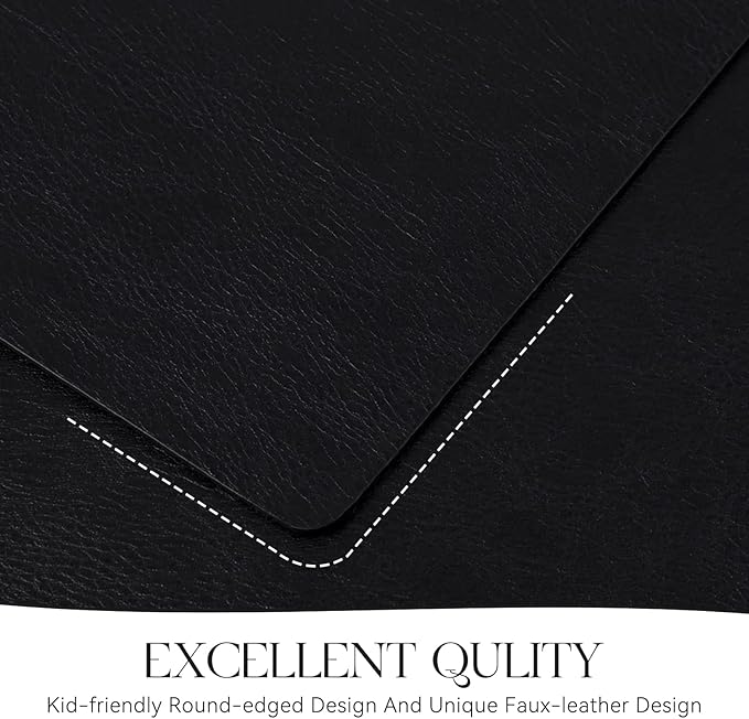 MOSAYT Vinyl Placemats Set of 4-12 X 17 Inch - Faux Leather 100% Waterproof Oil-Proof Wipeable PU Place Mats, Heat Resistant Reversible Table Mats for Kitchen, Dining, Outdoor (Black)