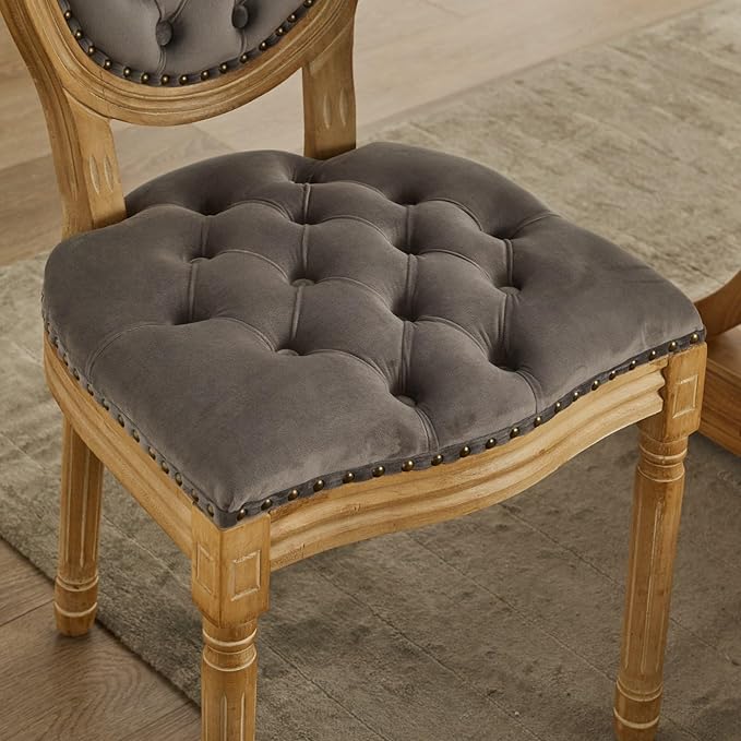 SoarFlash French Dining Chairs Set of 2, Vantage Dining Chair with Round Back, Wood Leg Farmhouse Country Velvet Dining Chair for Kitchen,Bedroom,Grey