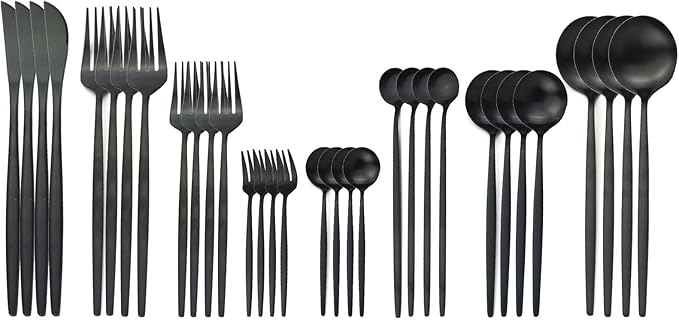 JASHII 32-Piece Tableware Set Stainless Steel Flatware Set with Coffee Spoon Long Handle Spoon Premium Cutlery Service for 4 Satin Finish Utensils for Home (Black)