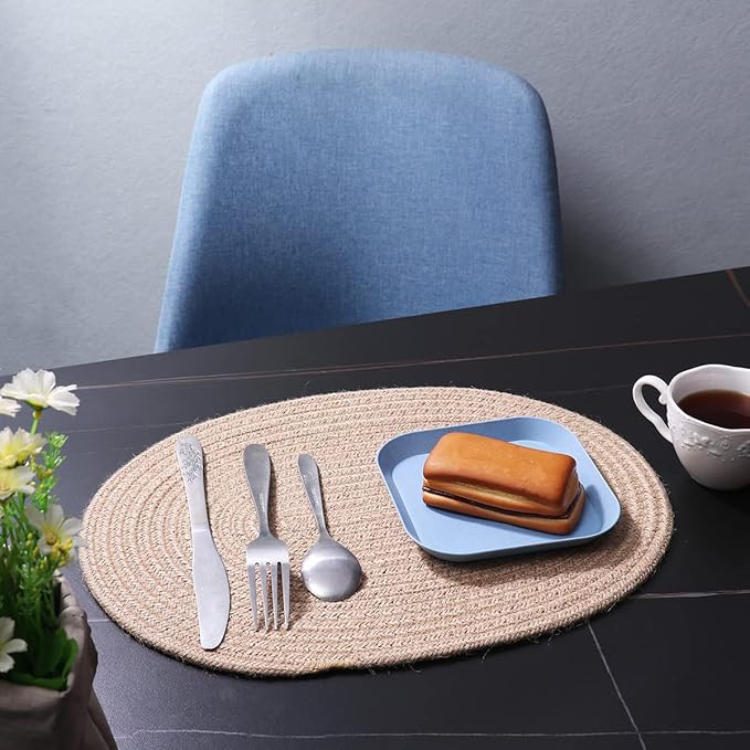 4 Pack Oval Jute Woven Placemats and Set of 4 Round Fabric Coasters, Cotton Braided Placemats Set, Dining Table Mat, Heat-Resistant Pot Holders, Washable Place Mats