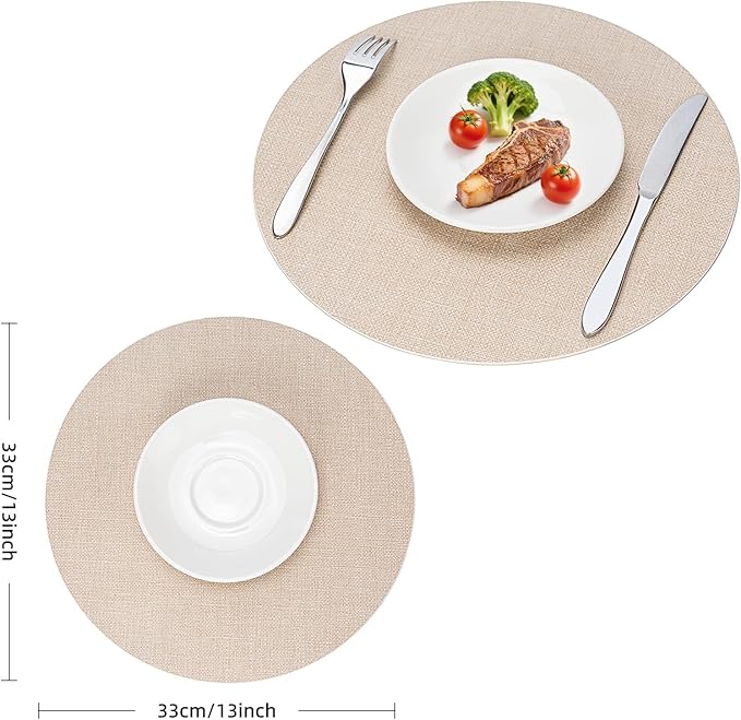 Round Wipeable Placemats Set of 2 – Faux Leather Round Table Mats, Waterproof & Washable Vinyl Placemats, Circle Design for Dining Table Decor– Ivory Beige