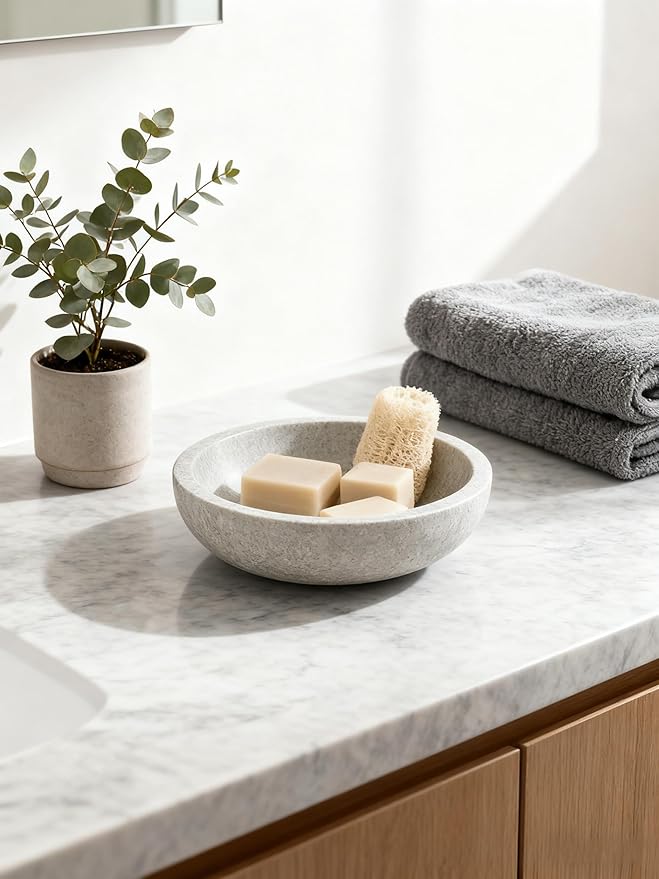 White Travertine Bowl, 7.8" Natural Stone Centerpiece for Minimalist Home Decor, Handmade Spa Style Fruit Bowl, Zen Meditation Bowl, Pure Tabletop Sculpture