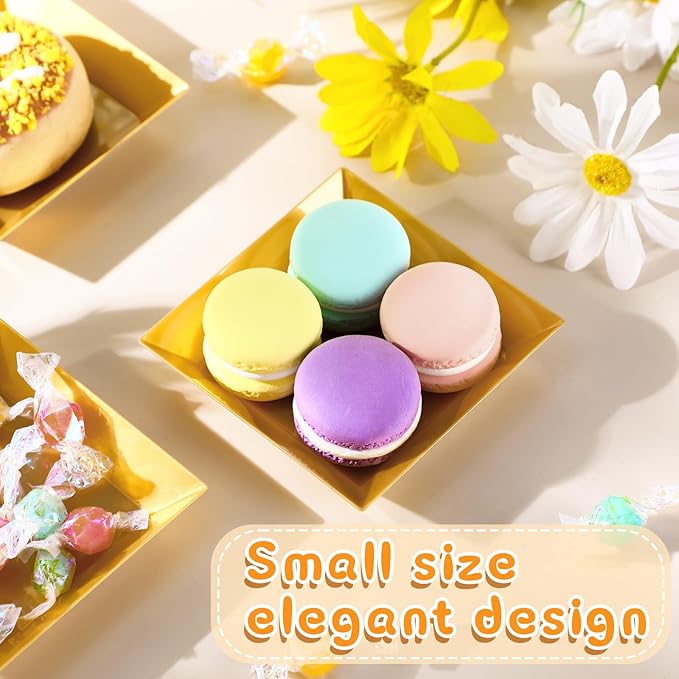 Zhehao 100 Pcs Plastic Dessert Appetizer Plates Disposable, 3.6 x 3.6 Inch Small Square Plastic Dessert Cake Plate for Party, Valentine's Day Wedding Birthday Bridal Baby Shower Supplies (Gold)