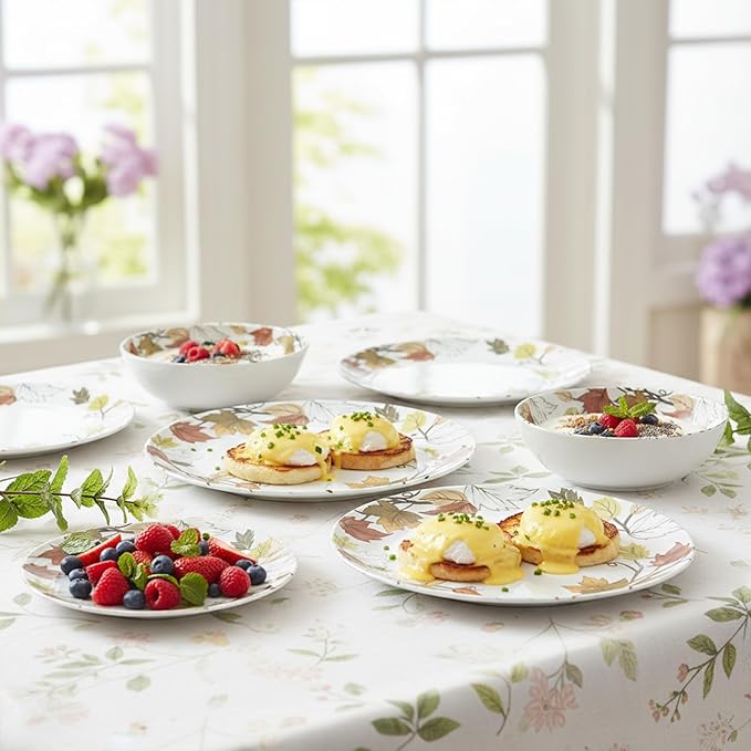 Melamine Dinnerware Sets 12 Pcs, Melamine Plates and Bowls,Party Plates and Bowls Sets, Camping Dishes Set for 4, Unbreakable, BPA Free, Dishwasher Safe（Yellow Maple Leaves）