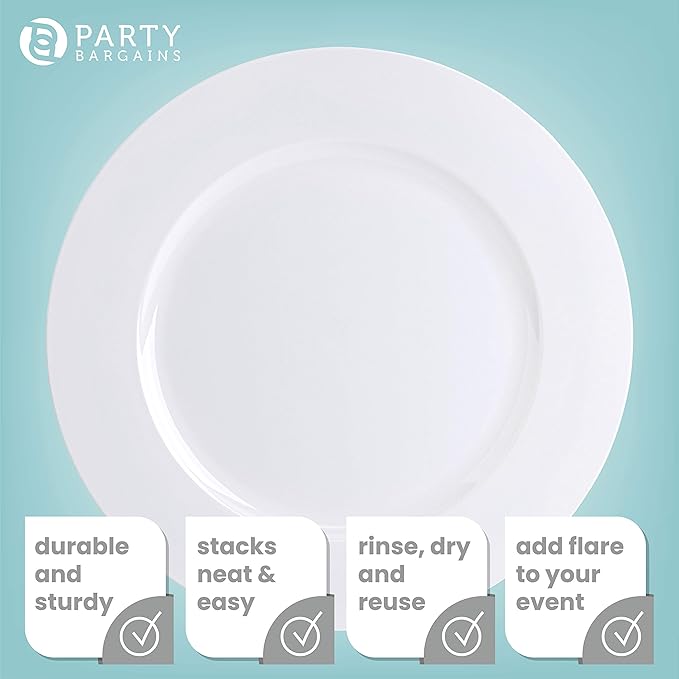 PARTY BARGAINS 13-Inch Charger Plates - 96 Pack, White, Heavy-Duty Disposable Chargers for Elegant Dining - Ideal for Weddings and Formal Events