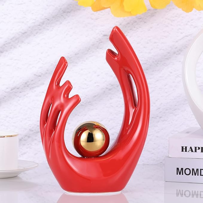 LCCCK 9.5" H Red Gold Aesthetic Room Decor Accent, TV Stand Funky Table Centerpiece, Abstract Art Ceramic Statue and Sculpture, Red Decor for Living Room, Bookshelf Decorative Objects, Shelf Decor