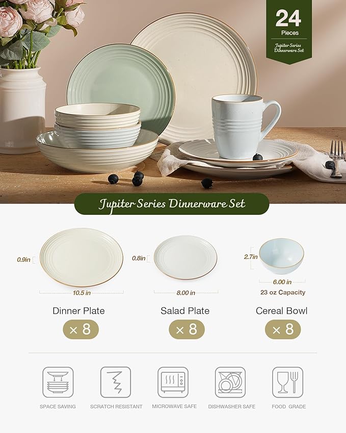 Famiware Jupiter Dinnerware Set, Plates and Bowls Dish Sets for 8 (24 Pieces), Microwave and Dishwasher Safe Stoneware Speckled Tableware, Chip and Scratch Resistant, Multi-color