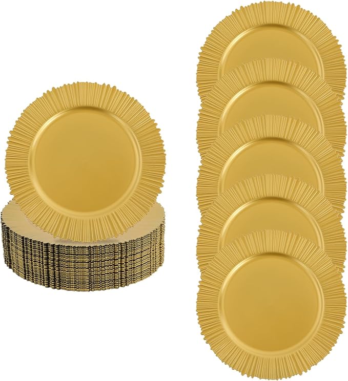 Charger Plates, 100pcs Floral Gold 13inch Plastic Dinner Plate, Round Plastic Dinner Plate with Delicate Texture for Parties Wedding (Floral Gold)