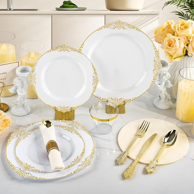 700PCS Gold Plastic Plates for 100 Guests, Disposable Dinnerware Sets Include 200 Gold Rim Plastic Plates, 100 Silverwares, 100 Cups, and 100 Pre Rolled Napkins for Party, Wedding, Graduation