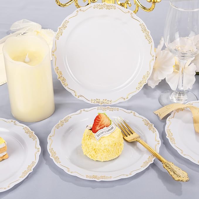 DaYammi 60PCS White and Gold Plastic Plates, Disposable Heavy Duty Plates Premium 7.5inch White Dessert Cake Salad Appetizer Plates Hard Plastic Platos Disposable for Party Wedding