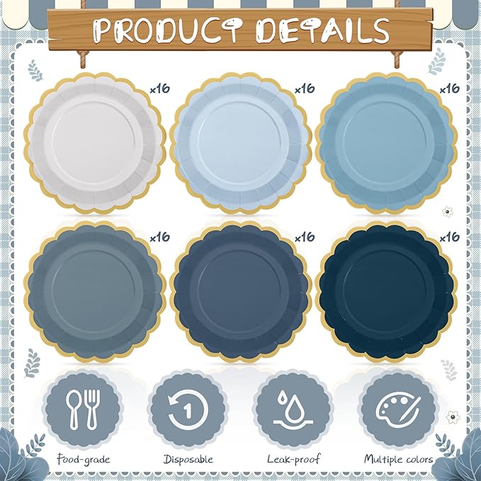 96 Pcs Dusty Blue Paper Plates 9 Inch Gradient Scalloped Paper Blue Disposable Dinner Dessert Plates for Birthday Wedding Bridal Party Supplies, 6 Colors