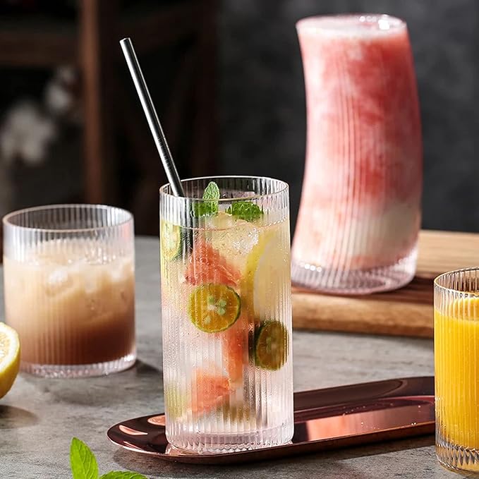 INSETLAN Glass Cups Vintage Glassware Set of 4 Small, Origami Style Transparent Cocktail Glasses Set, Bar Beverages Ice Coffee Cup Juice Ripple Drinkware, 270ml (S)