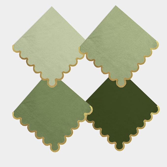 100 pack Green Cocktail Napkins with Gold Foil Accents Scalloped Edges 5 x 5 inch Beverage Disposable Napkin Party Decoration Wedding Bridal and Baby Shower Dinner Lunch Supplies