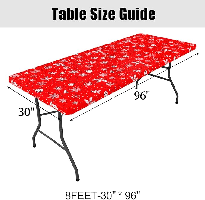 Smiry Plastic Christmas Tablecloth, Snowflake Wipeable Flannel Backed Vinyl Tablecloth, Waterproof Elastic Fitted Table Cover for Christmas Dinner, and New Year Celebration (White & Red, 30x96 Inches)