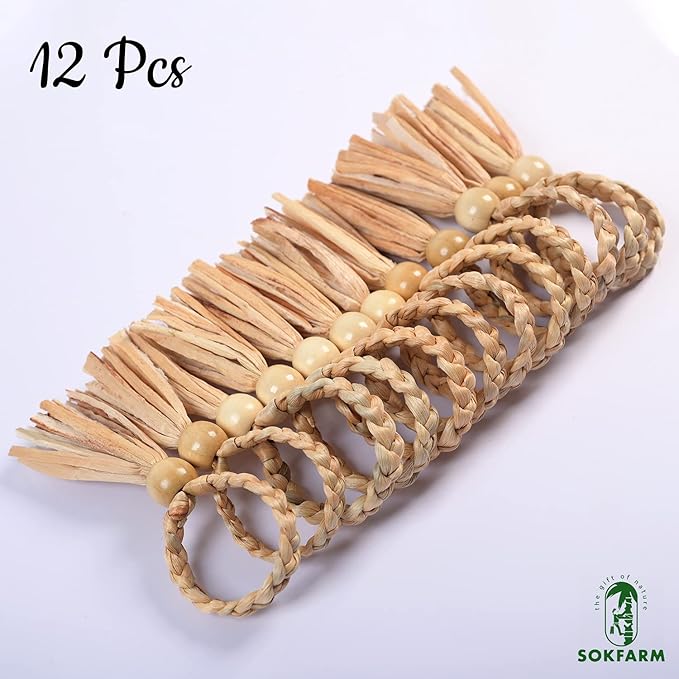 12 Pcs Bead Woven Napkin Rings, Water Hyacinth Easter Napkin Rings Set of 12, Anillos para Servilletas De Tela, Boho Napkins Holder for Elegant Table Decoration, Christmas Table Decor, Wedding Decor