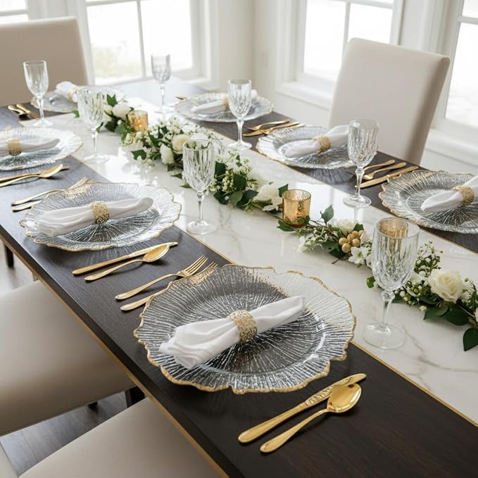 LOYALHEARTDY 25 Pack 13 Inch Charger Plates, Clear Plastic Reef Rim Charger Plates with Gold Rim, Round Decorative Underplates for Wedding, Party, Dinner Table