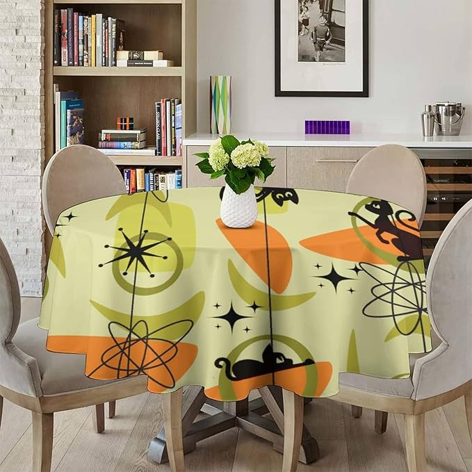 Mid Century Black Cat Round Tablecloth, Vintage Modern Bohemian Abstract Geometric Retro Art Tablecloth for Home Party Dining Room Kitchen Decor 36Inch(90cm)
